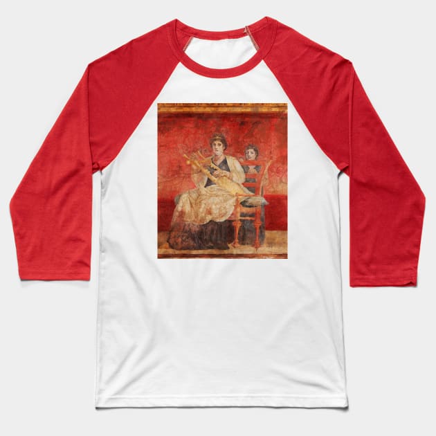 SEATED WOMAN PLAYING A LYRE POMPEII ANTIQUE ROMAN FRESCO IN RED Baseball T-Shirt by BulganLumini